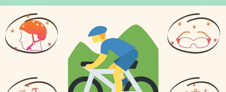 Powiększ obraz: Grafika z rowerzystą i elementami podstawowego wyposażenia rowerzysty